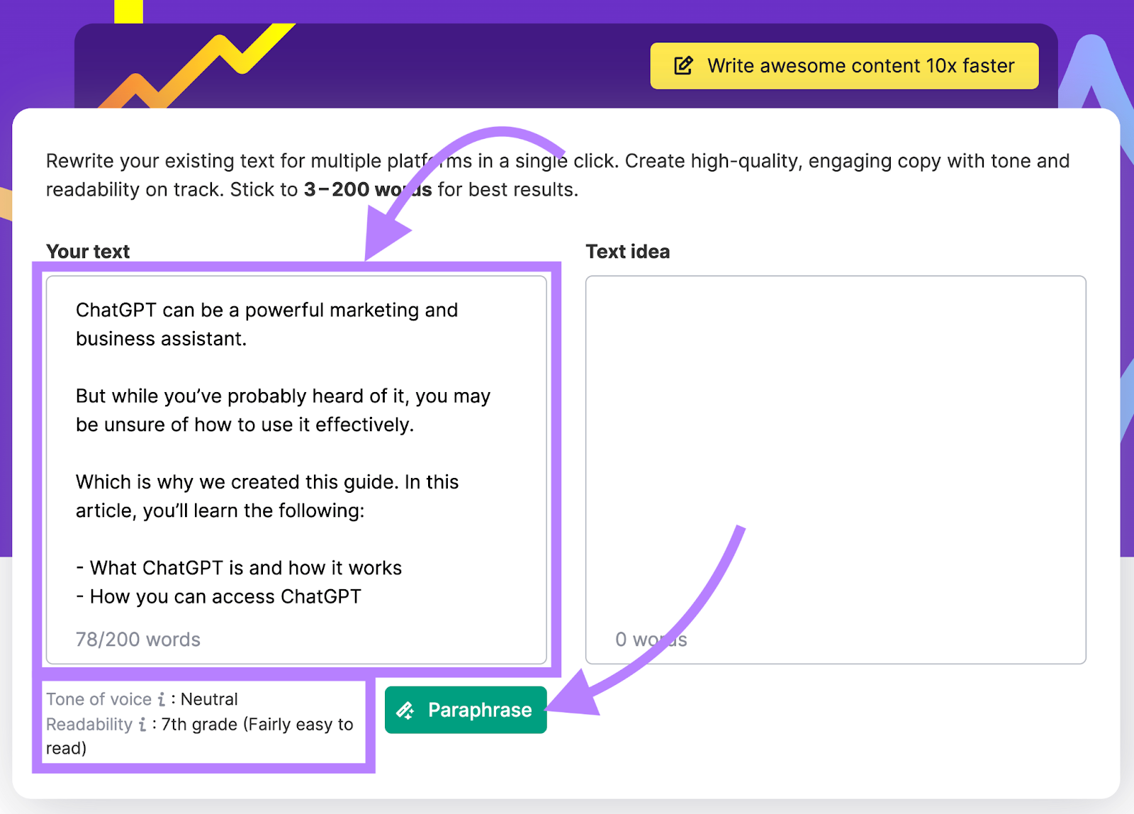 An example of a paragraph about ChatGPT entered into Semrush&rsquo;s Paraphrasing Tool
