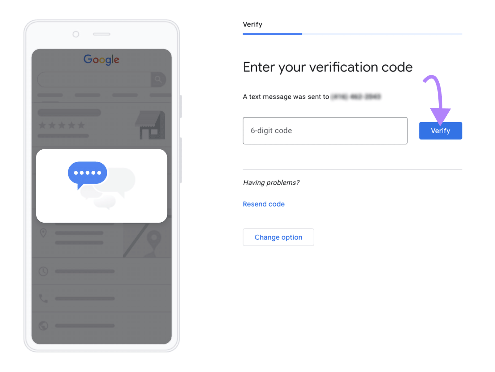 Verification screen with SMS code entry field and arrow pointing to &ldquo;Verify.&rdquo;