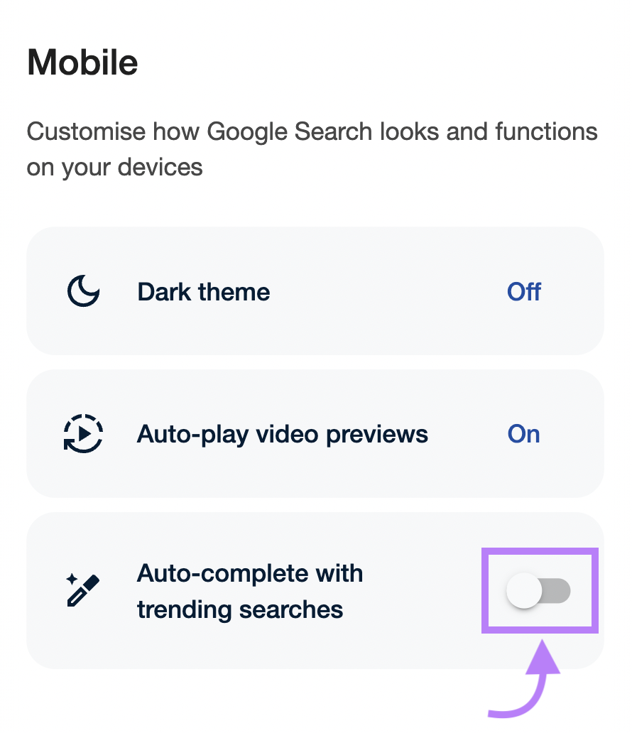 &ldquo;Auto-complete with trending searches&rdquo; switch highlighted in purple