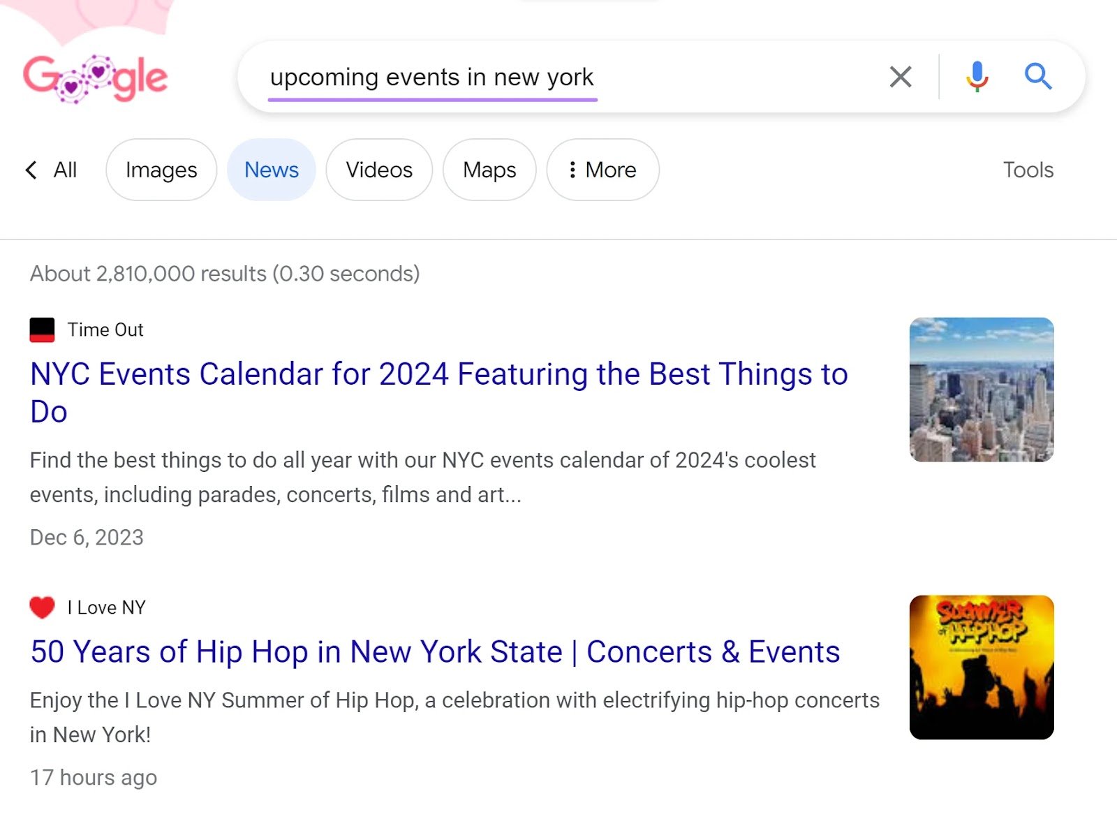 A section of Google's SERP showing results for &ldquo;upcoming events in new york" query