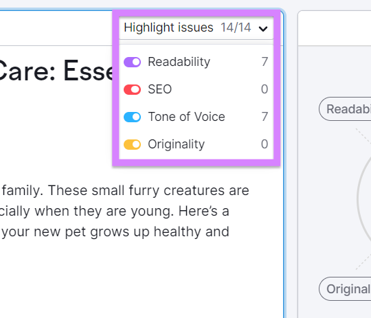 &ldquo;Highlight issues&rdquo; drop-down menu in SEO Writing Assistant