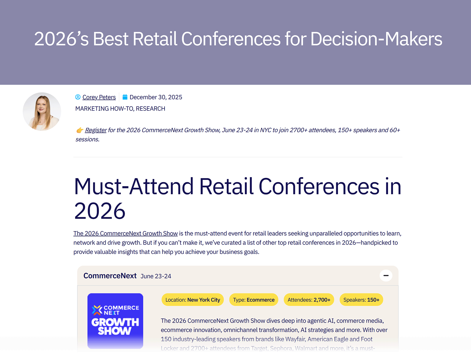 Event-specific blog post example titled &lsquo;Must-Attend Retail Conferences in 2026&rsquo;.