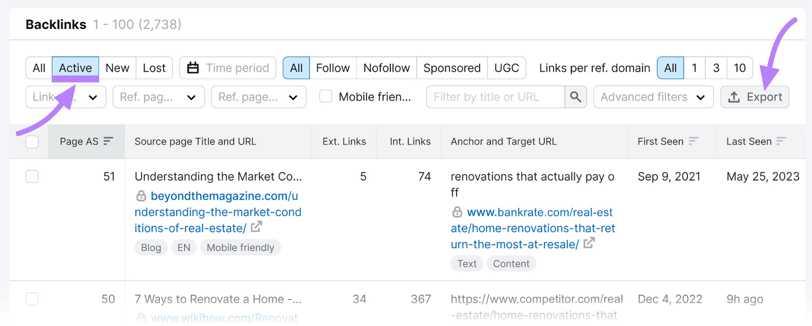 filtering for &ldquo;Active&rdquo; backlinks