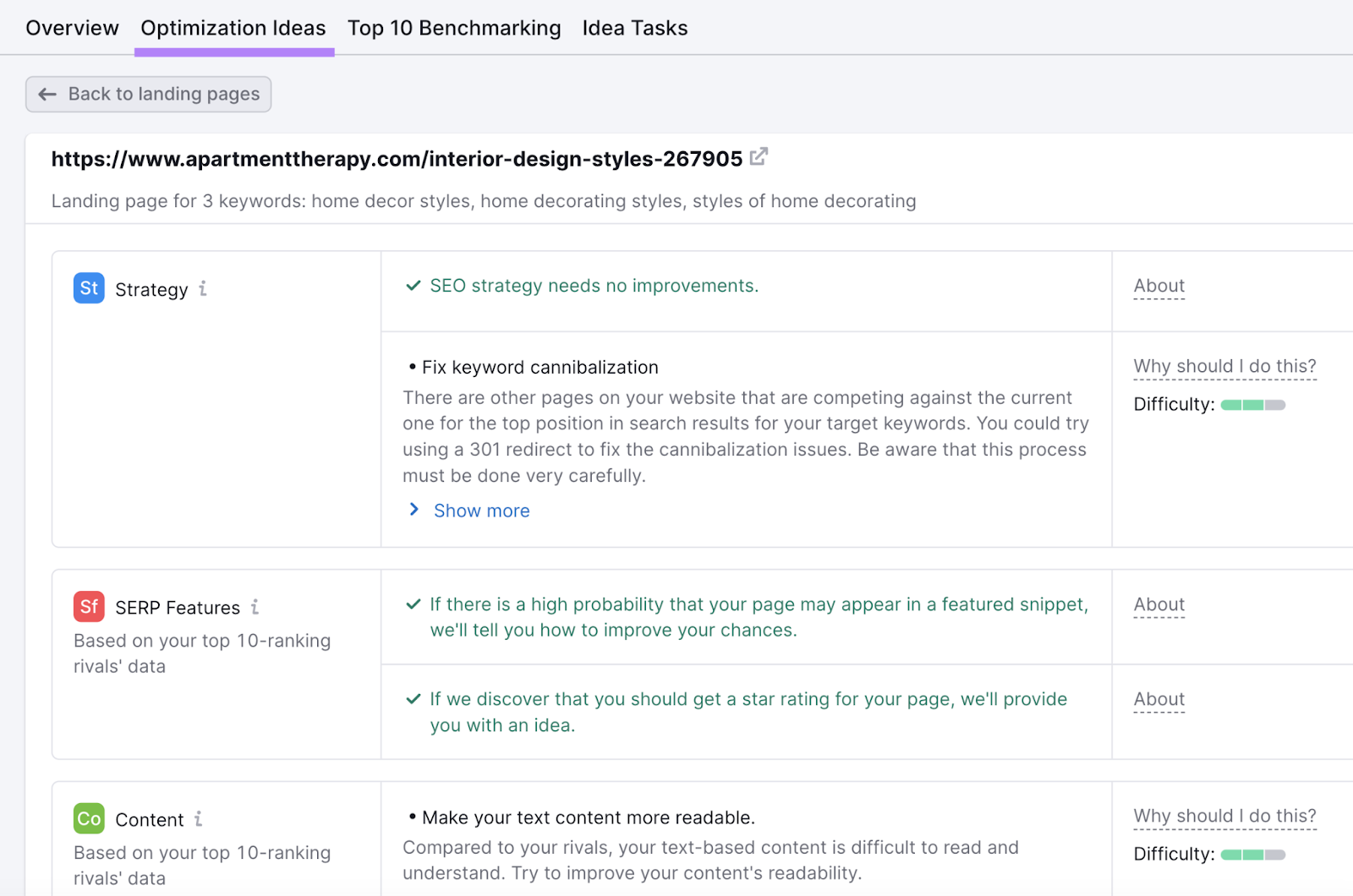 "Optimization Ideas&rdquo; tab in On Page SEO Checker tool