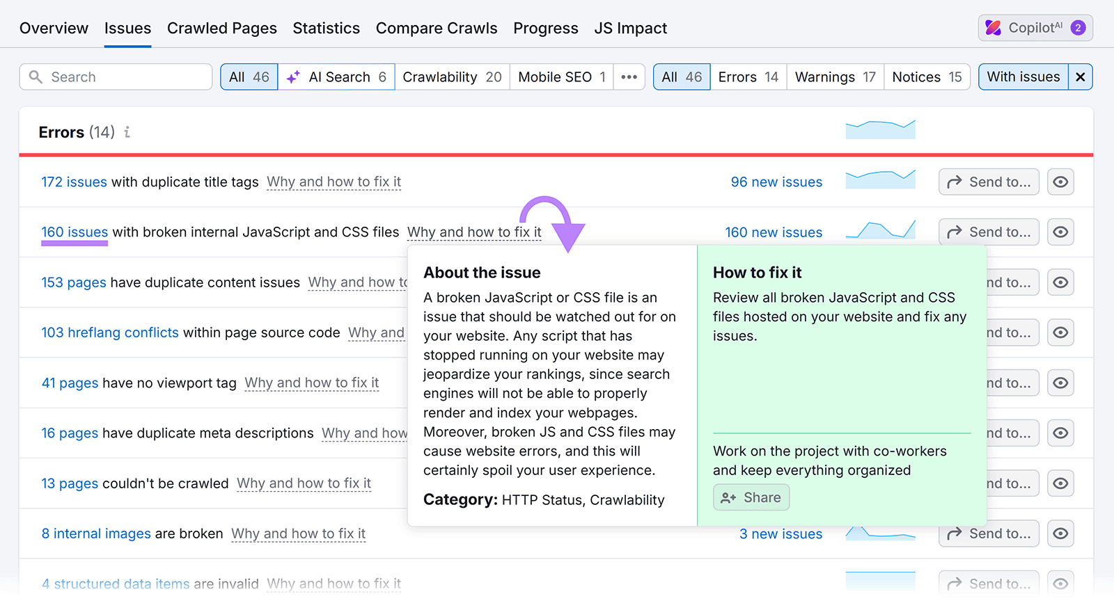 &ldquo;Why and how to fix it&rdquo; pop-up window in Site Audit