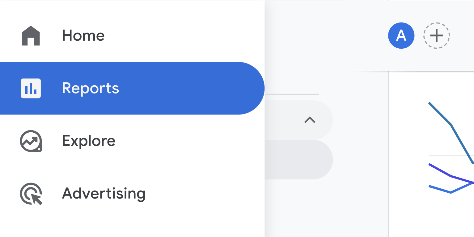 &ldquo;Reports&rdquo; selected in GA4 menu