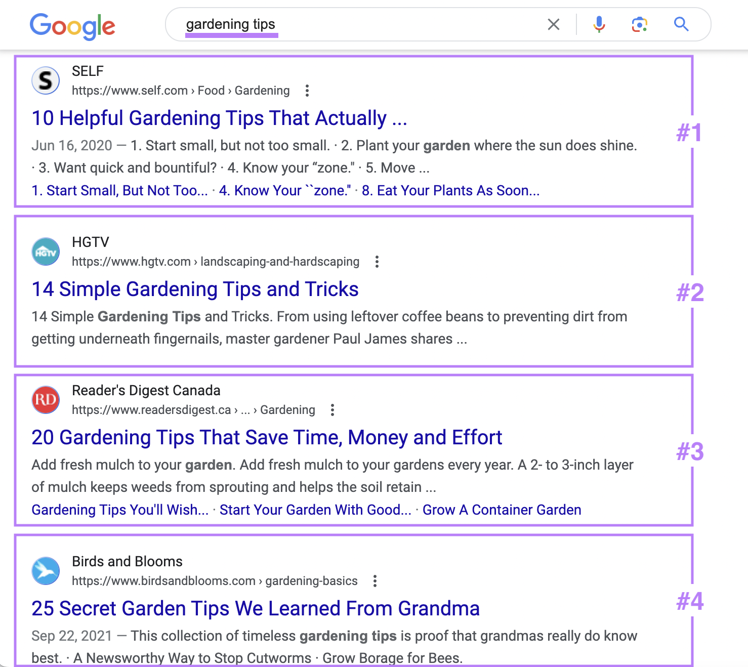 Google SERP for &ldquo;gardening tips&rdquo;