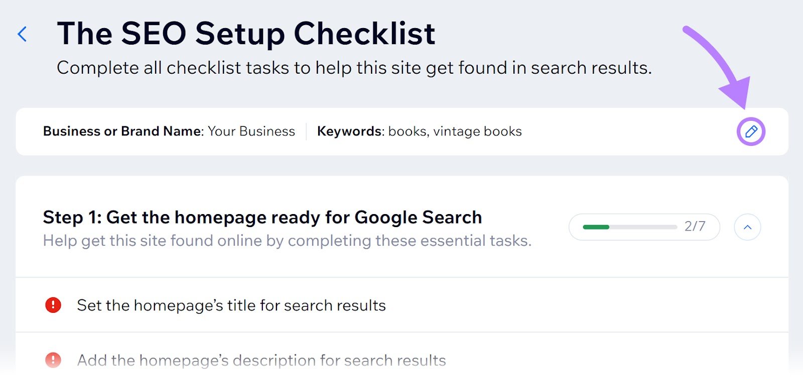 the pencil icon in the top right corner of wix seo checklist