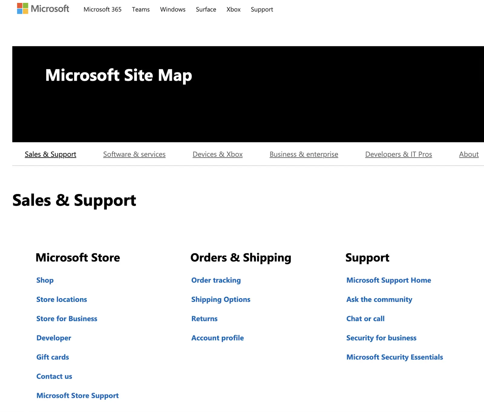 Microsoft&rsquo;s HTML sitemap with links organized into broad, top-level categories with clear subcategories.