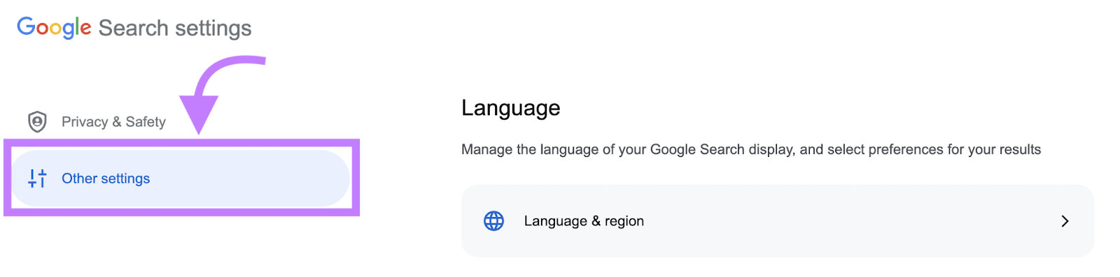 "Other settings" button highlighted in Google &ldquo;Search settings&rdquo;