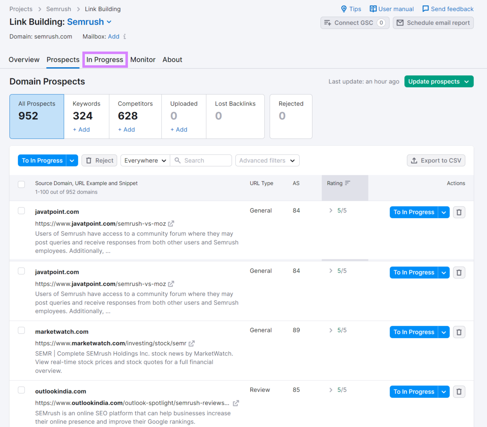 Link Building Tool's &ldquo;In Progress&rdquo; tab