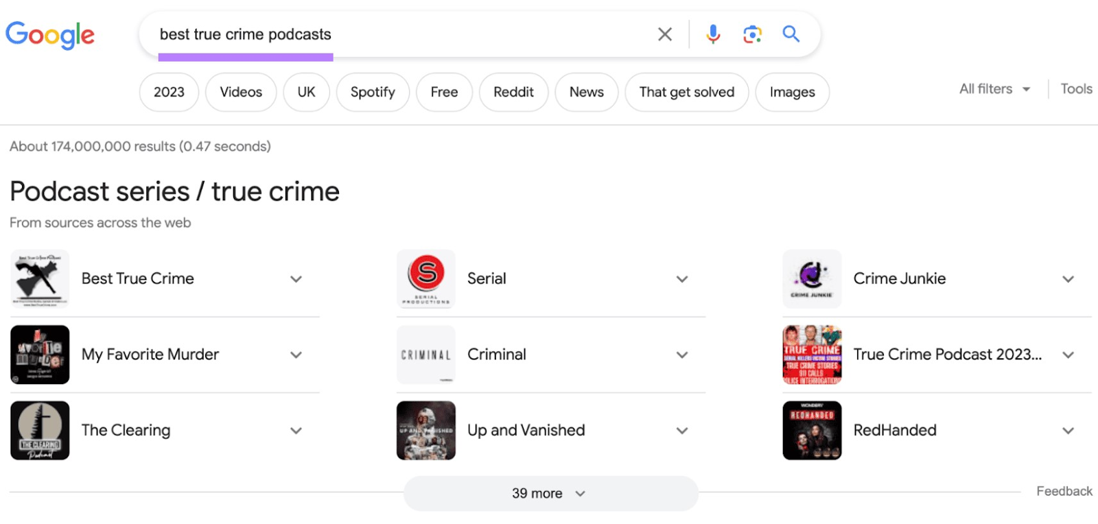 Google&rsquo;s SERP for "best true crime podcasts"