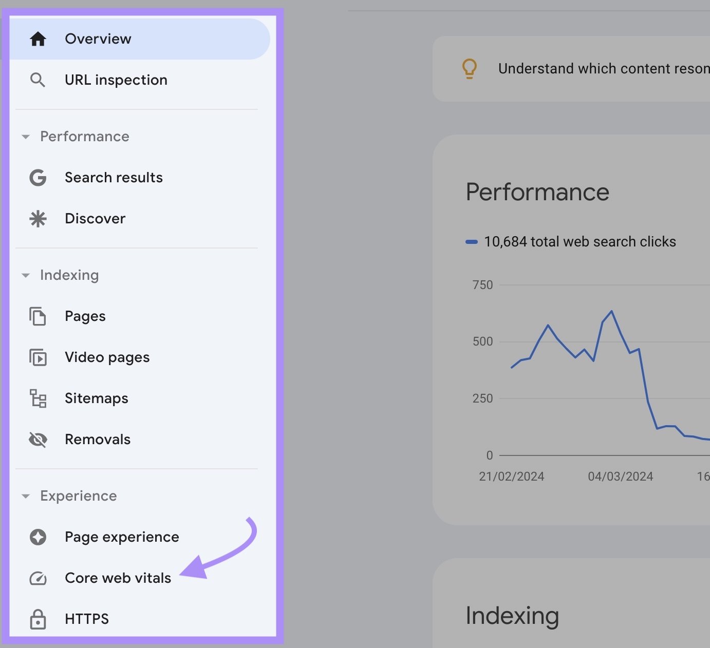 The left-hand side menu on Google Search Console with &ldquo;Core Web Vitals&rdquo; clicked.