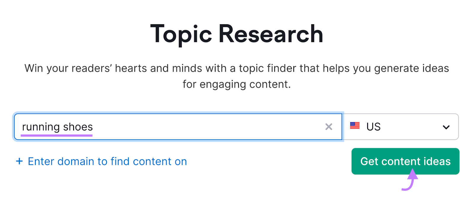 &ldquo;running shoes&rdquo; entered in Topic Research search bar