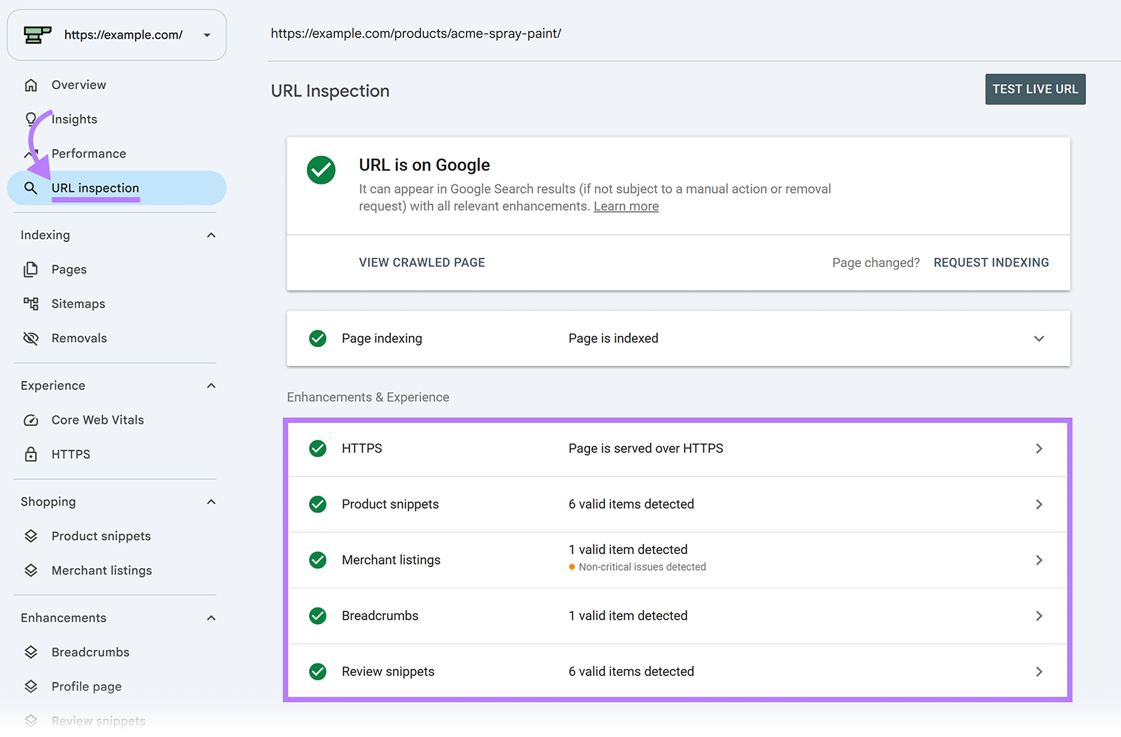 Google Search Console URL Inspection report showing valid product, merchant listing, breadcrumb, and review enhancements