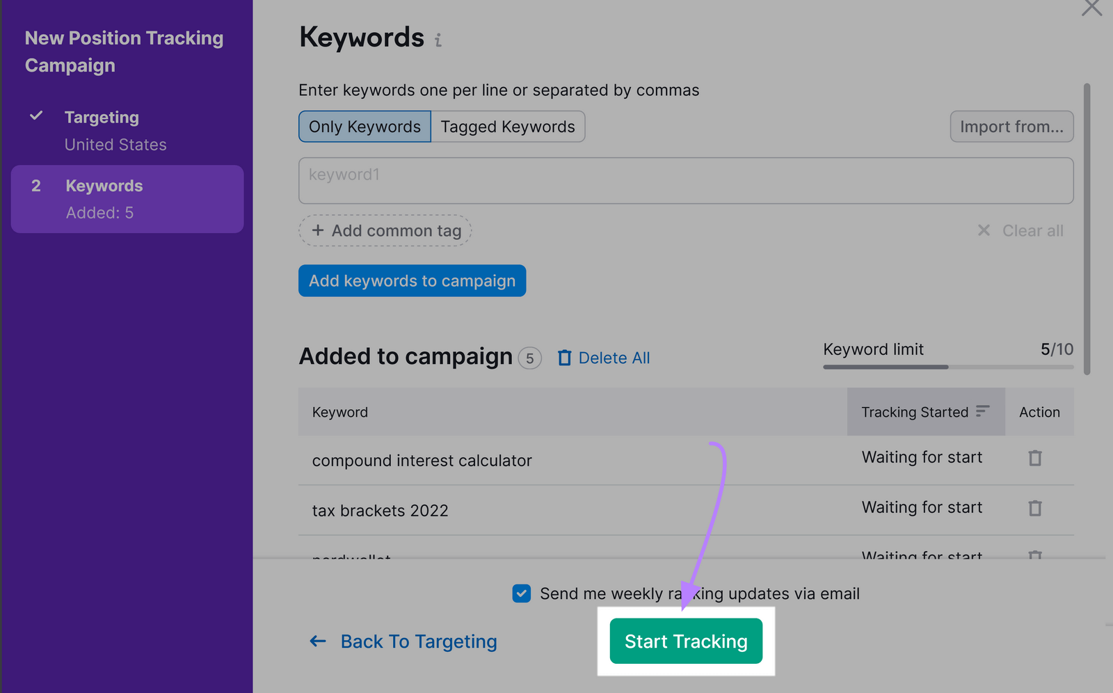 &ldquo;Start Tracking&rdquo;&nbsp;button highlighted
