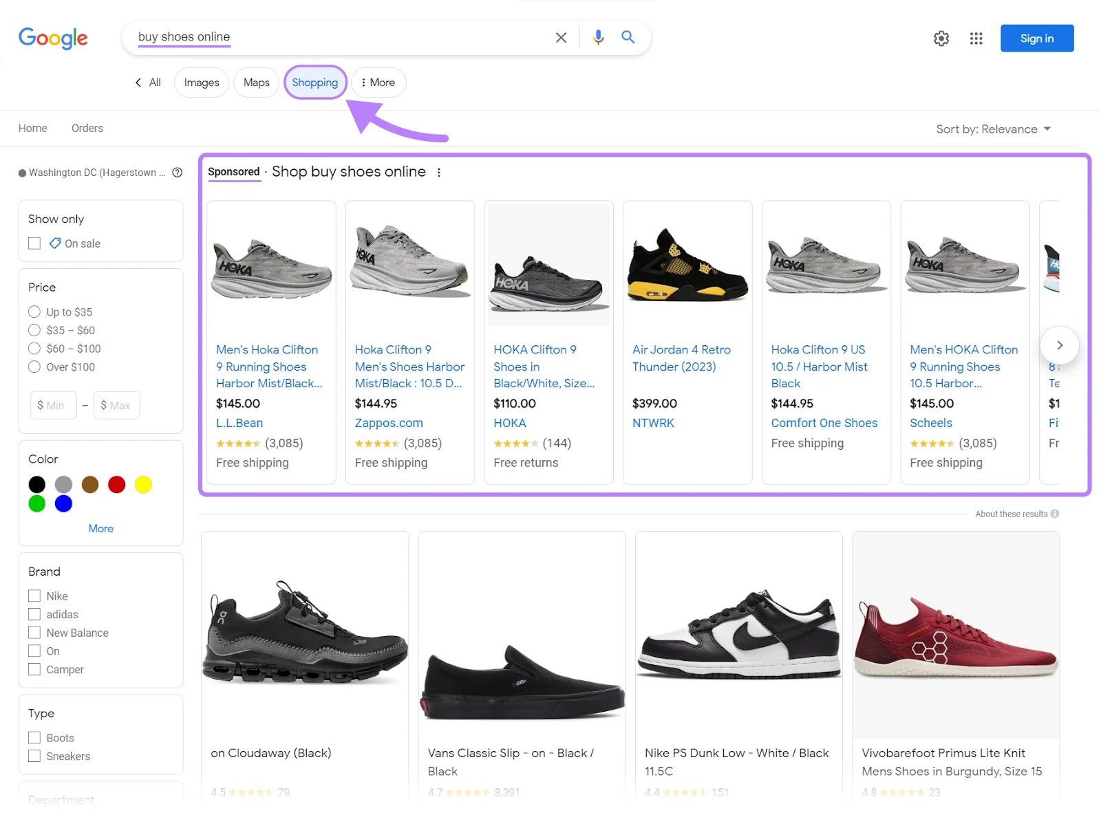 Google's &ldquo;Shopping&rdquo; tab for "buy shoes online" query
