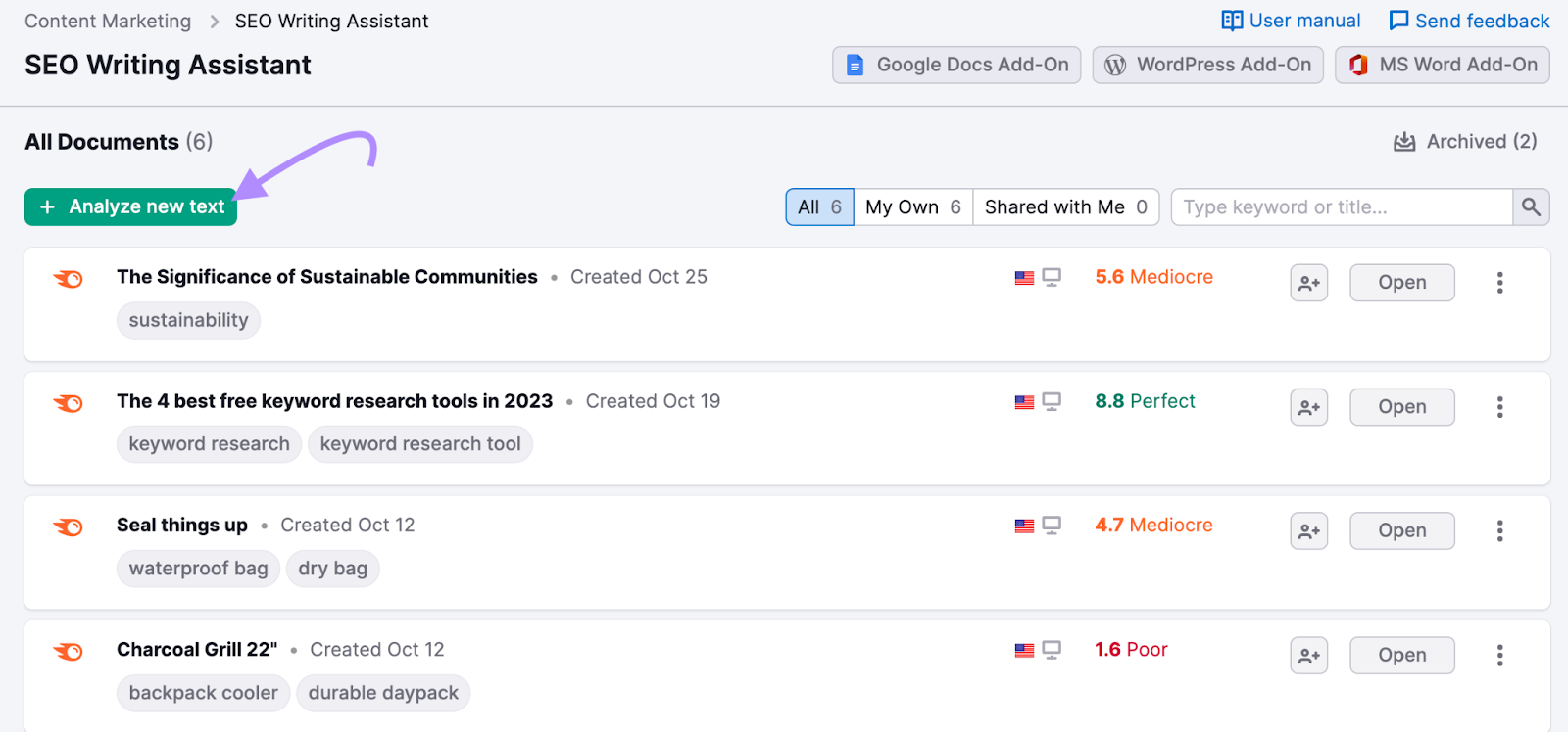 &ldquo;+ Analyze new text&rdquo; button highlighted under SEO Writing Assistant