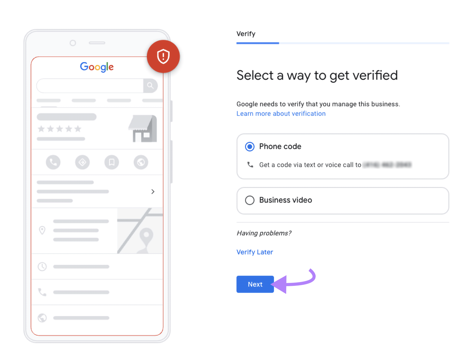 Business verification screen with phone option selected and arrow pointing to &ldquo;Next.&rdquo;
