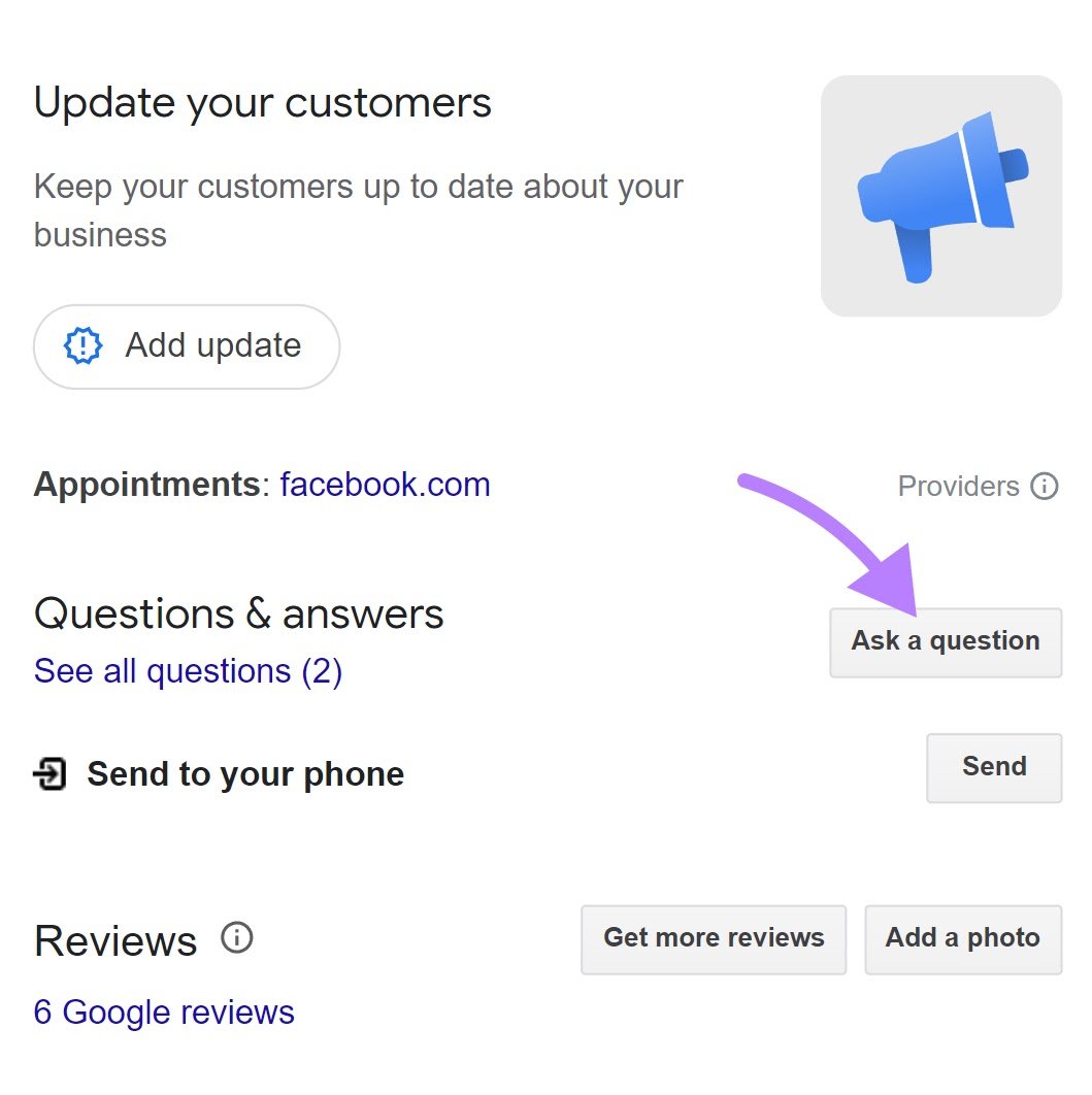 &ldquo;Ask a question&rdquo; button highlighted in a business listing