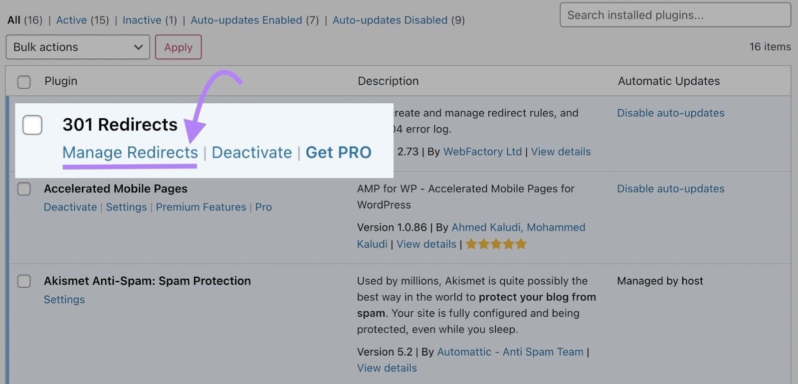 &ldquo;Manage Redirects&rdquo; button highlighted under "301 Redirects" on Easy Redirect Manager.