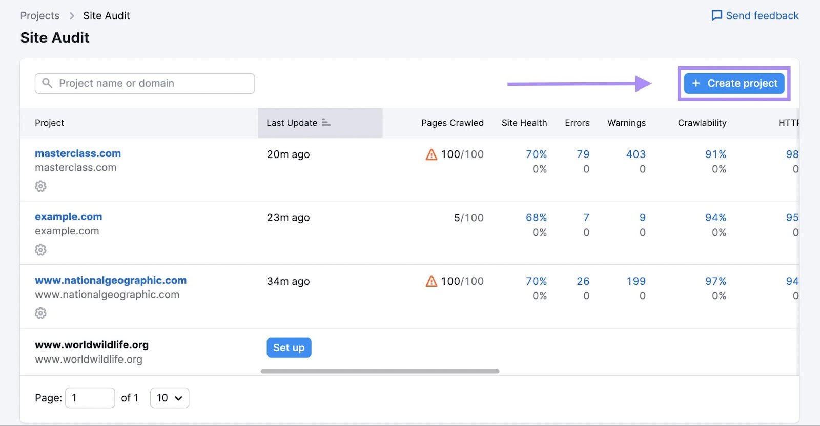 "+ Create project" button highlighted in the Site Audit tool