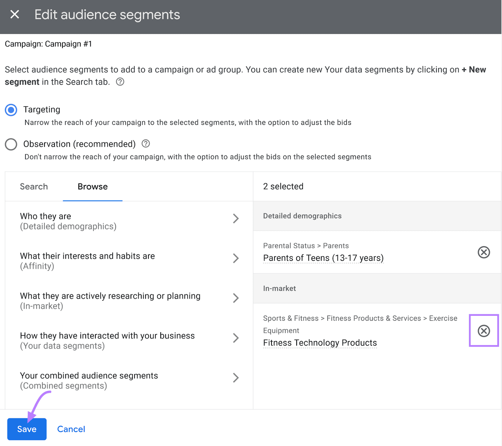 "Save" button highlighted at the bottom of &ldquo;Edit audience segments&rdquo; window