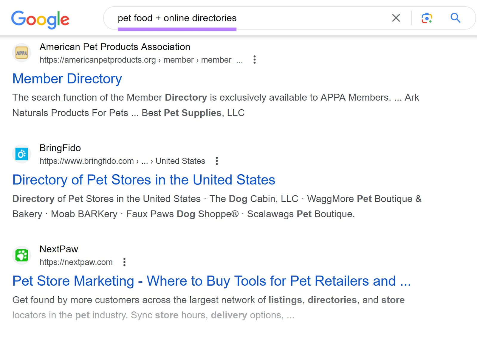 Google SERP for &ldquo;pet food + online directories&rdquo;