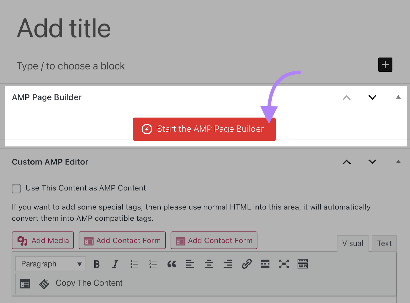 &ldquo;Start the AMP Page Builder&rdquo; button highlighted