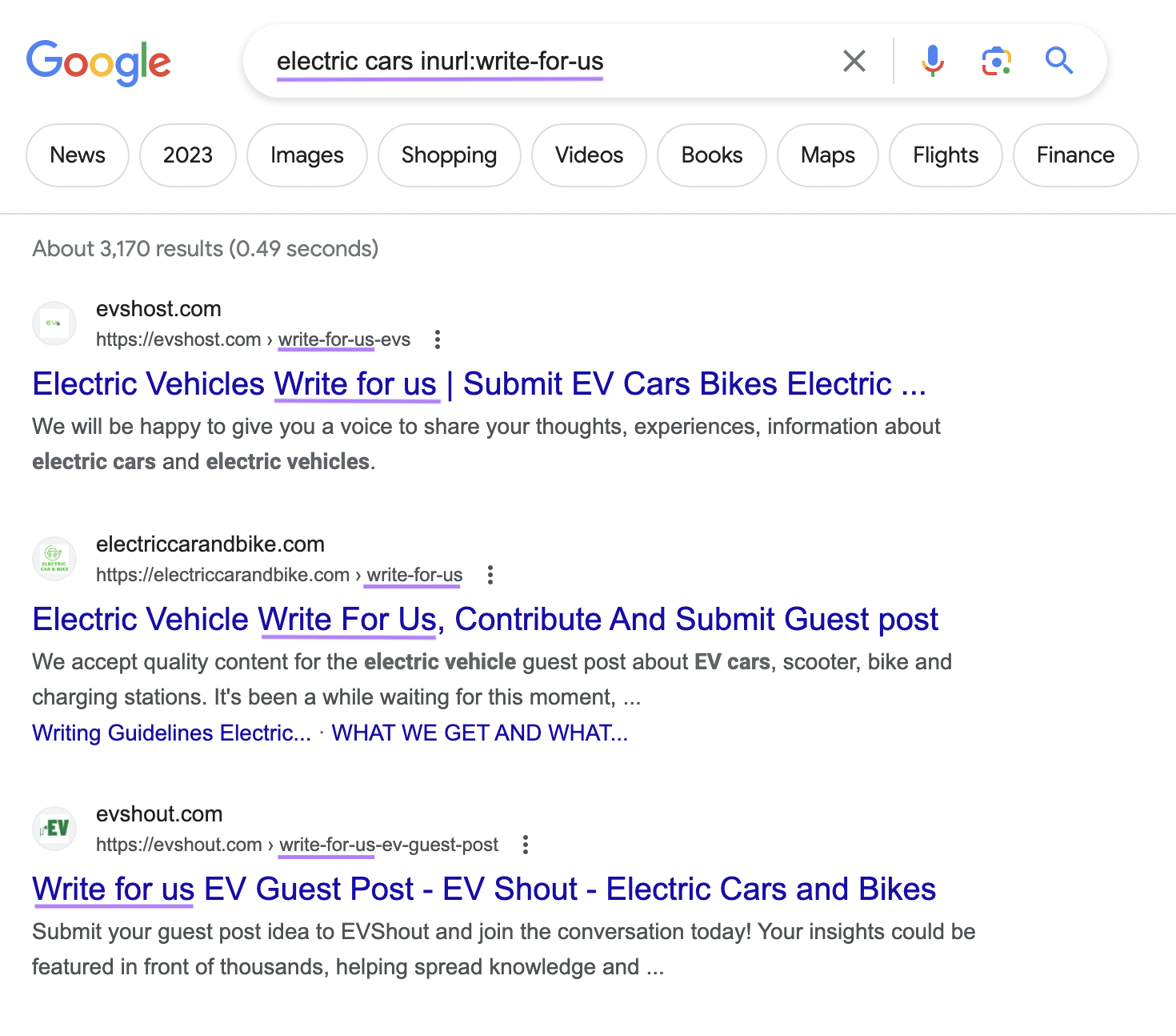 Google SERP for "electric cars &ldquo;inurl:write-for-us&rdquo;