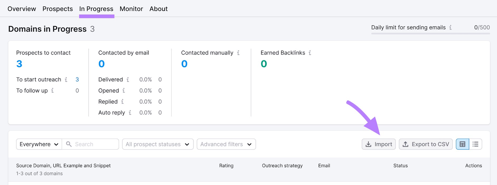 &ldquo;In Progress&rdquo; tab in Link Building Tool
