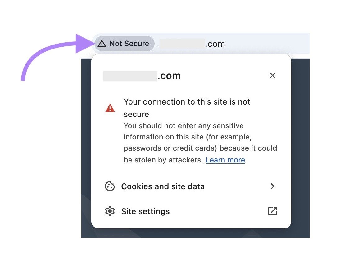 A browser address bar displaying a &ldquo;Not secure&rdquo; warning next to a website URL.