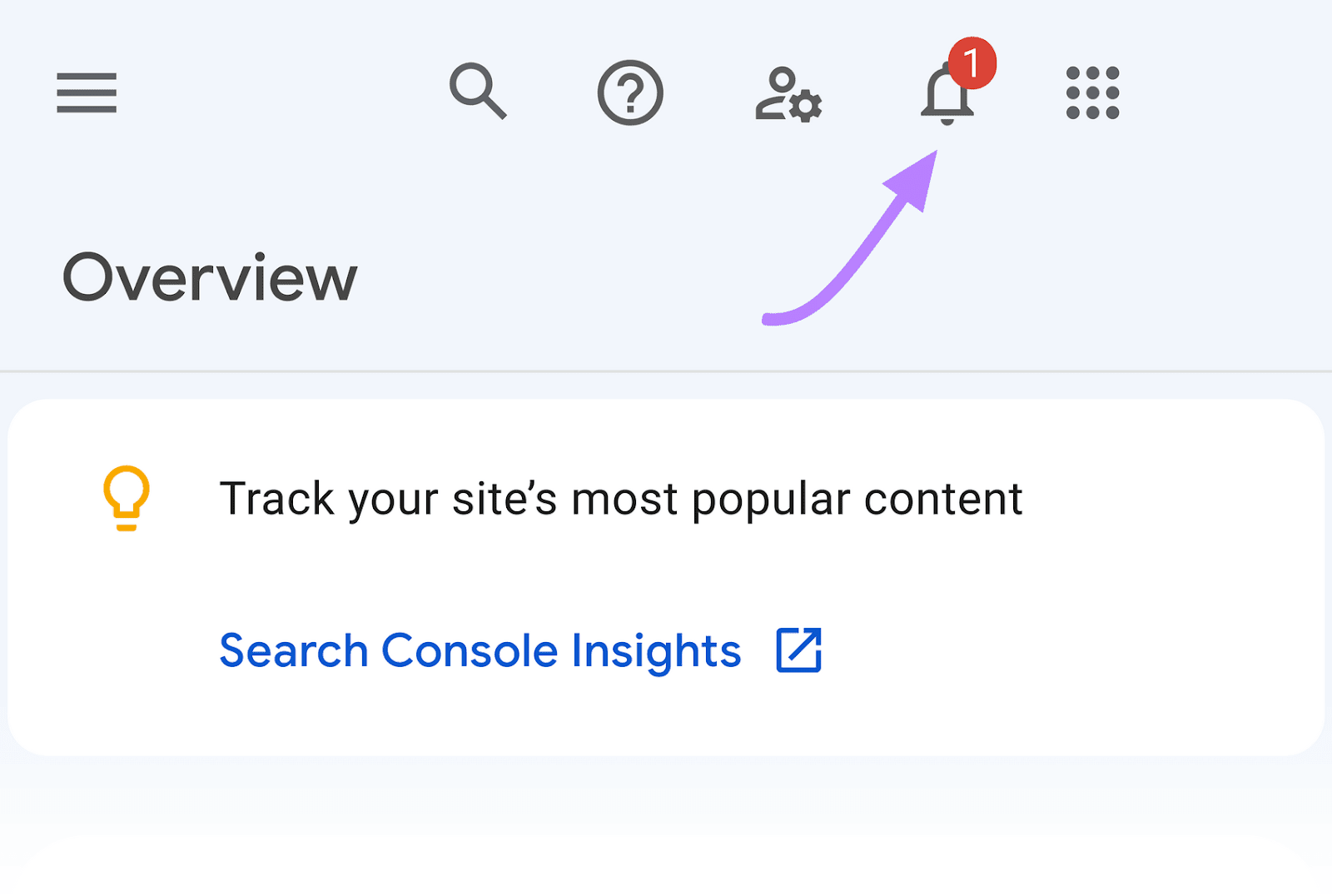 &ldquo;Messages&rdquo; bell icon at the top right of GSC dashboard