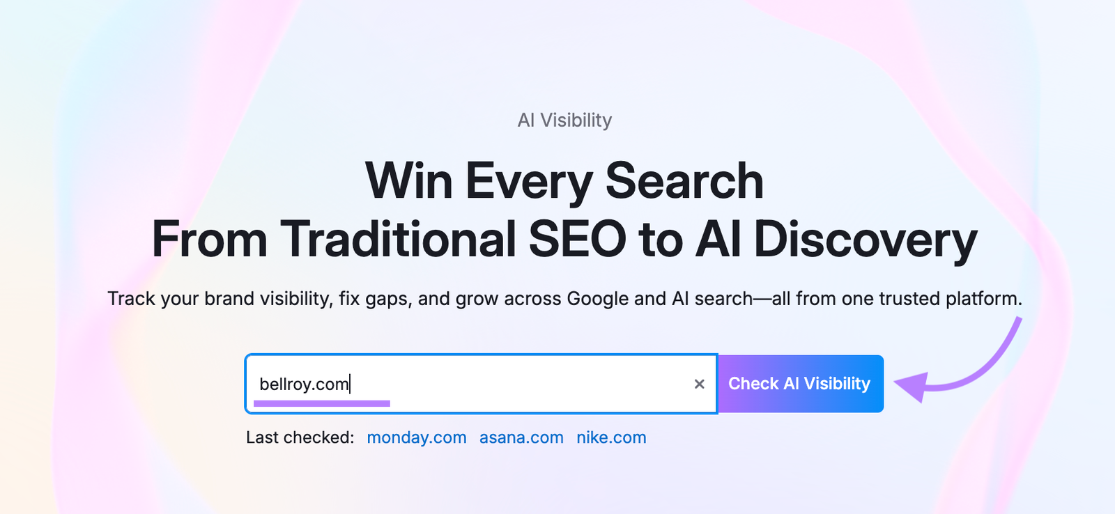 AI Visibility landing page with bellroy.com entered and &ldquo;Check AI Visibility&rdquo; button highlighted.