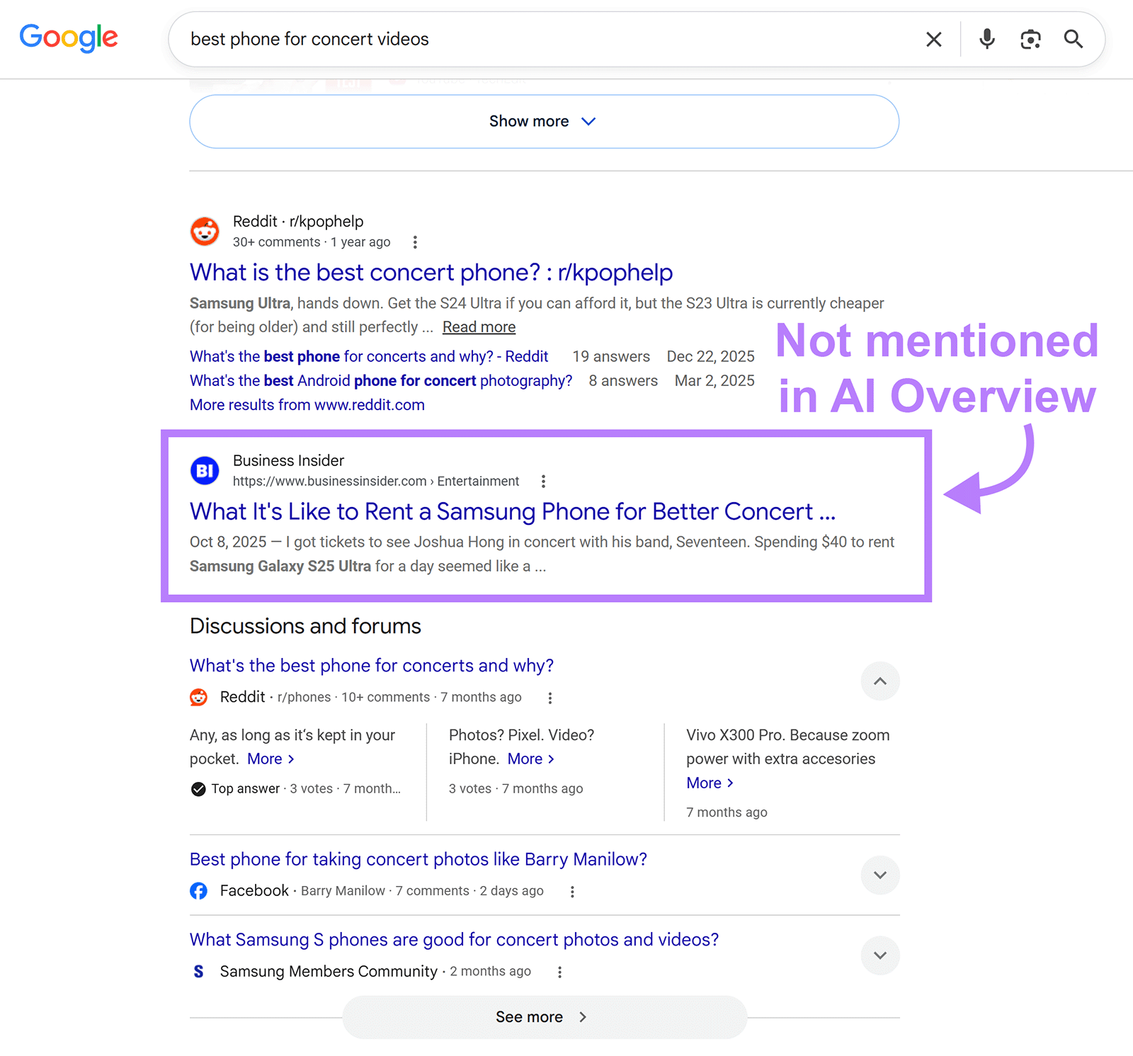 Google results for &ldquo;best phone for concert videos&rdquo; with a Business Insider result absent from the AI Overview