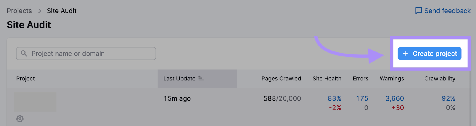 "Projects" page on Site Audit with the &ldquo;+ Create project&rdquo; button clicked.