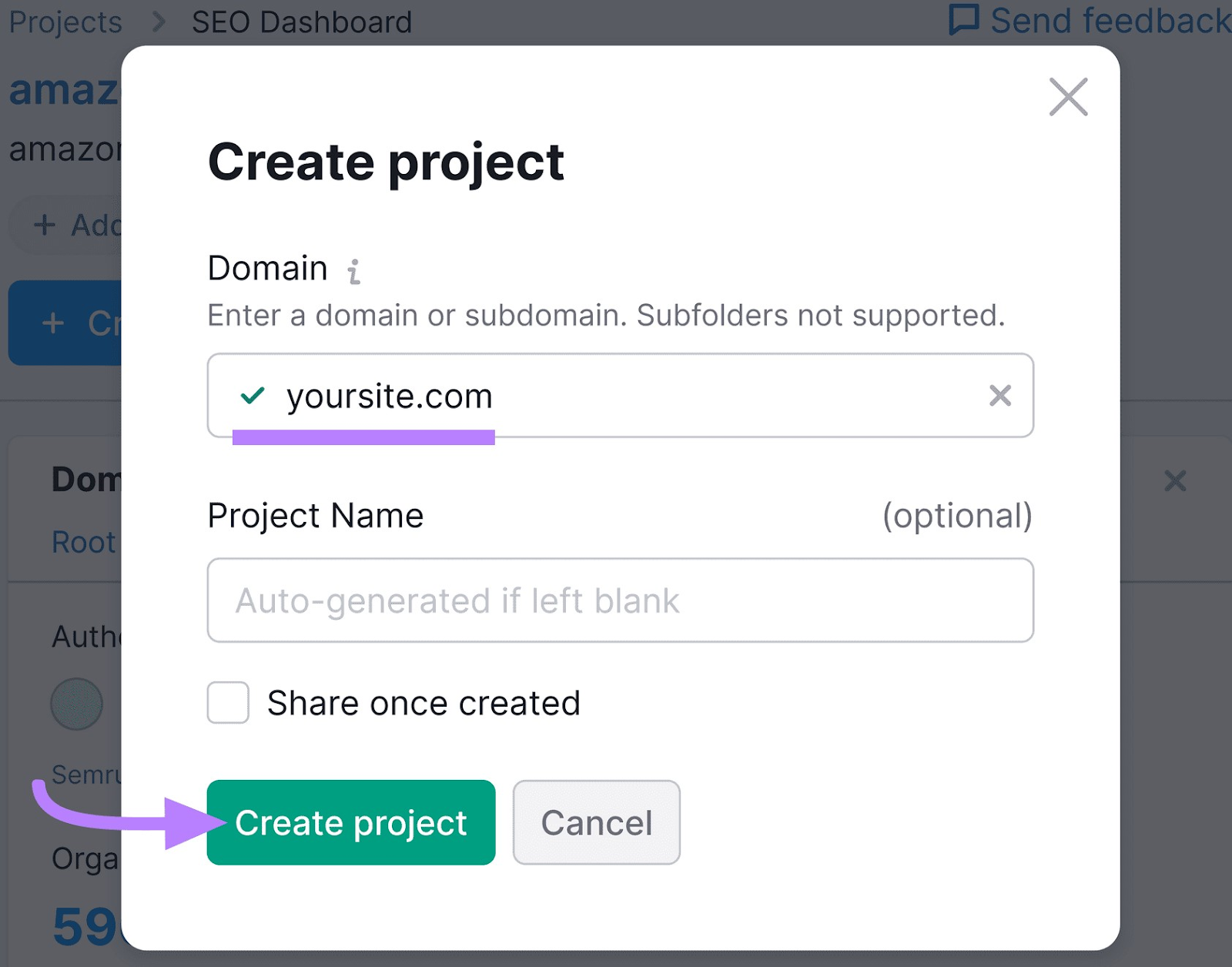 &ldquo;Create project&rdquo; pop up window.
