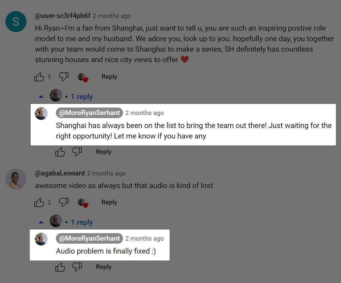 Ryan Serhant&rsquo;s responses to comments under his YouTube video