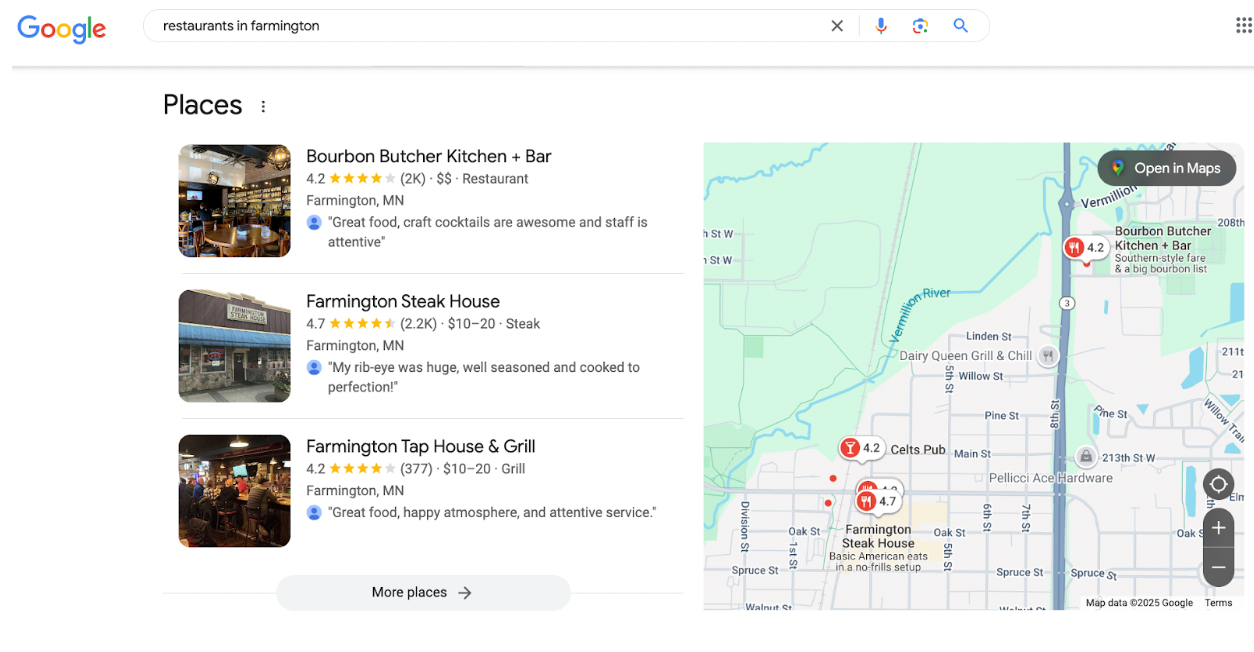 Local pack showing three businesses for the query &ldquo;restaurants in farmington.&rdquo;