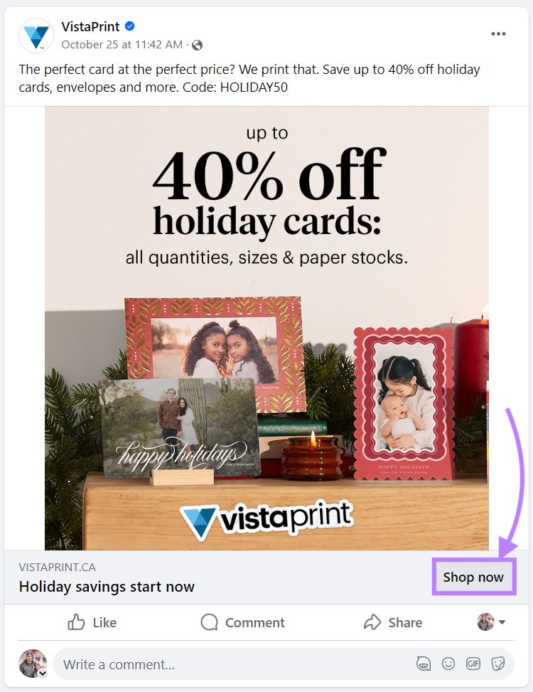 &ldquo;Shop now&rdquo; CTA under VistaPrint's Facebook ad