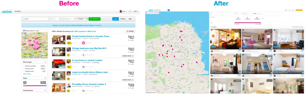 Airbnb's search page "before" and "after"