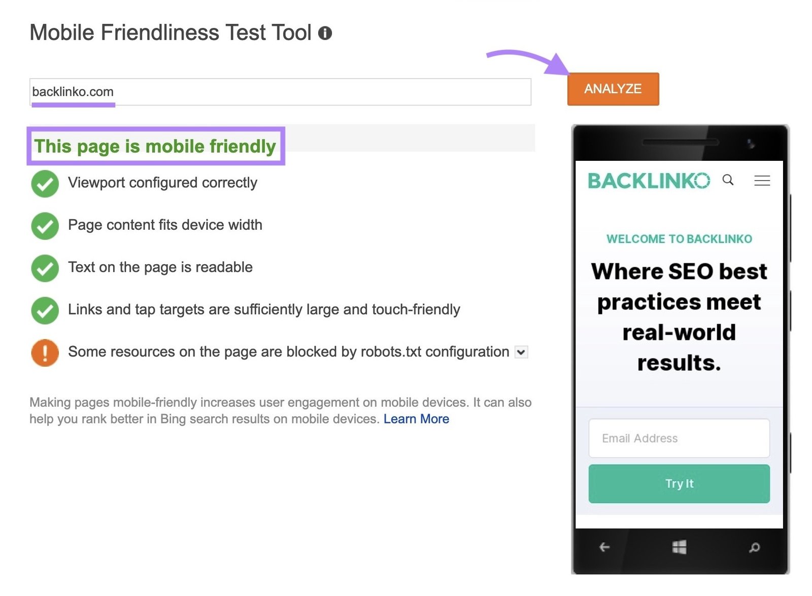 Bing&rsquo;s Mobile Friendliness Test Tool with "backlinko.com" entered, "Analyze" clicked, and the result "This page is mobile friendly" highlighted.