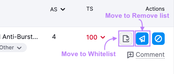 &ldquo;Move to Whitelist&rdquo; and &ldquo;Move to Remove list&rdquo; icons highlighted in purple
