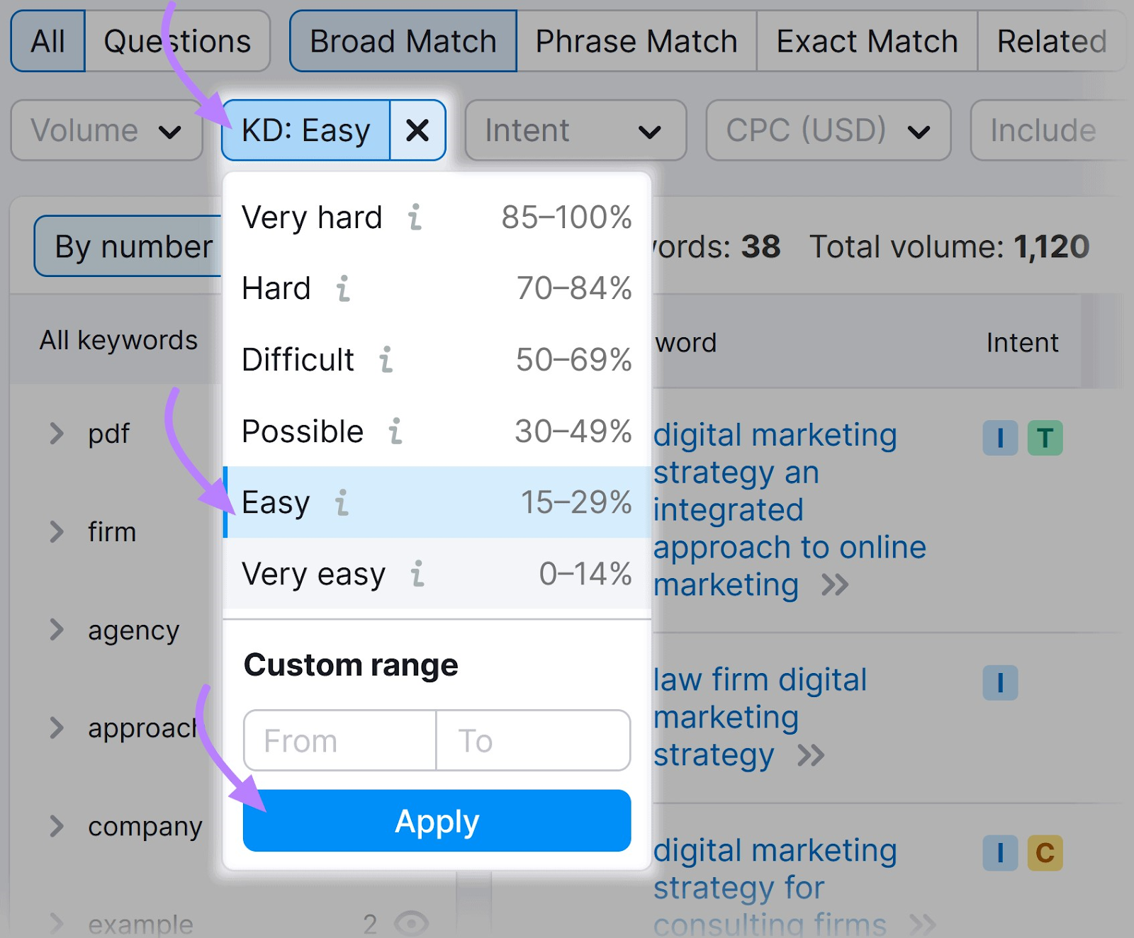 &ldquo;KD&rdquo; filter drop-down menu