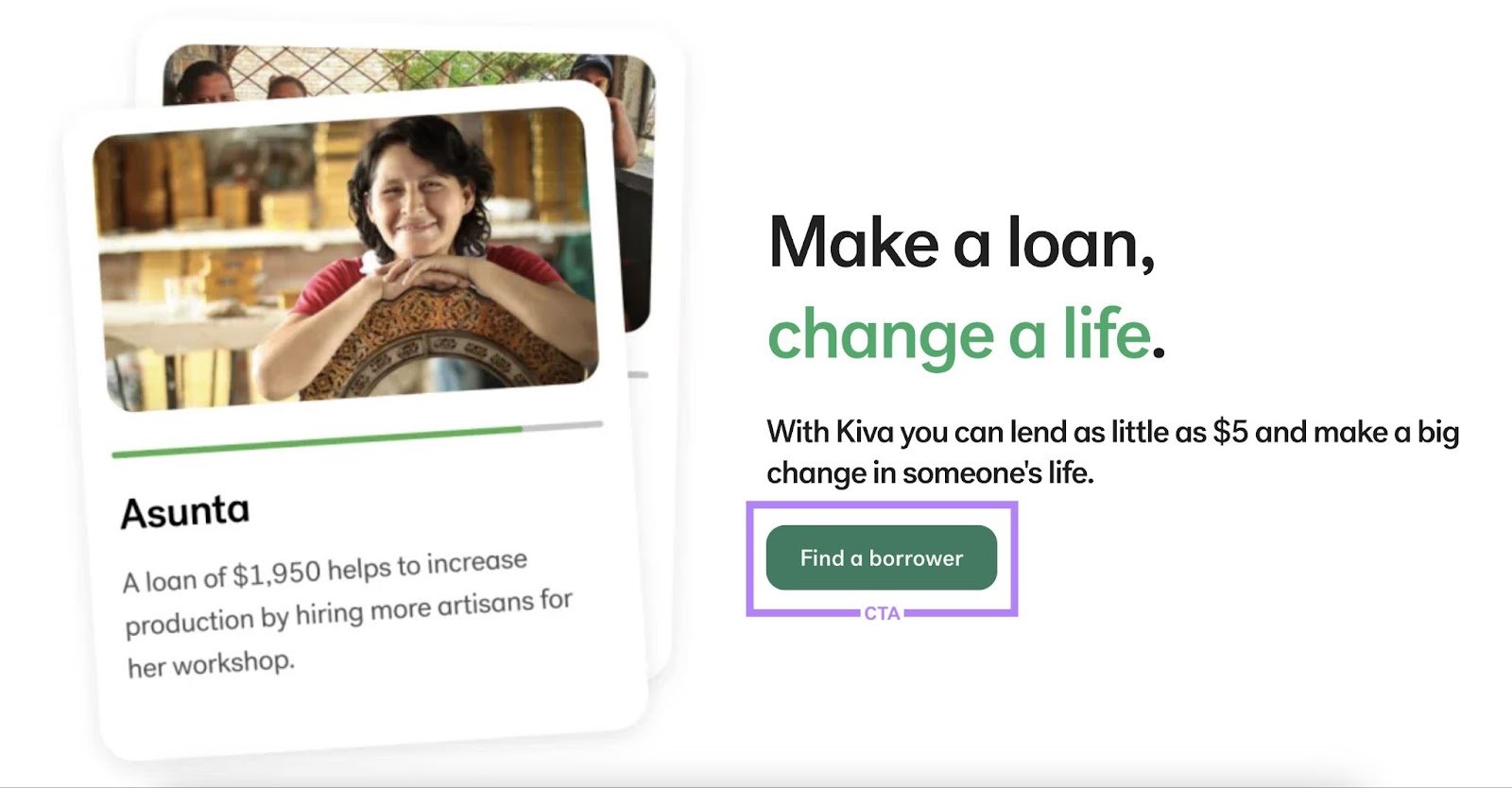 "Find a borrower&rdquo; CTA on Kiva's website