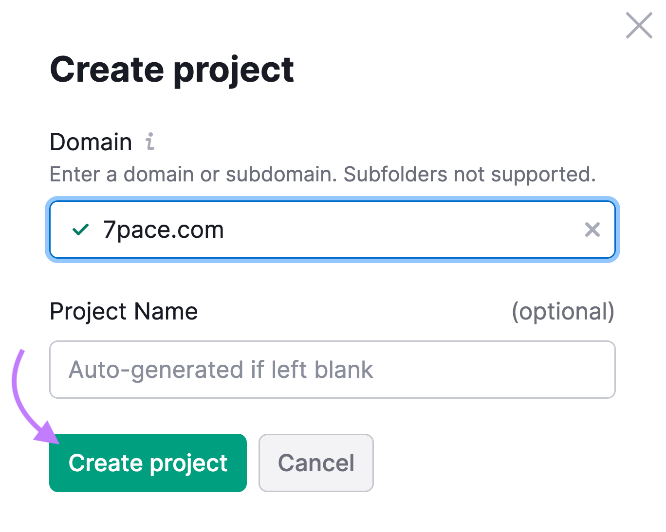 &ldquo;Create project&rdquo; pop up window in Site Audit