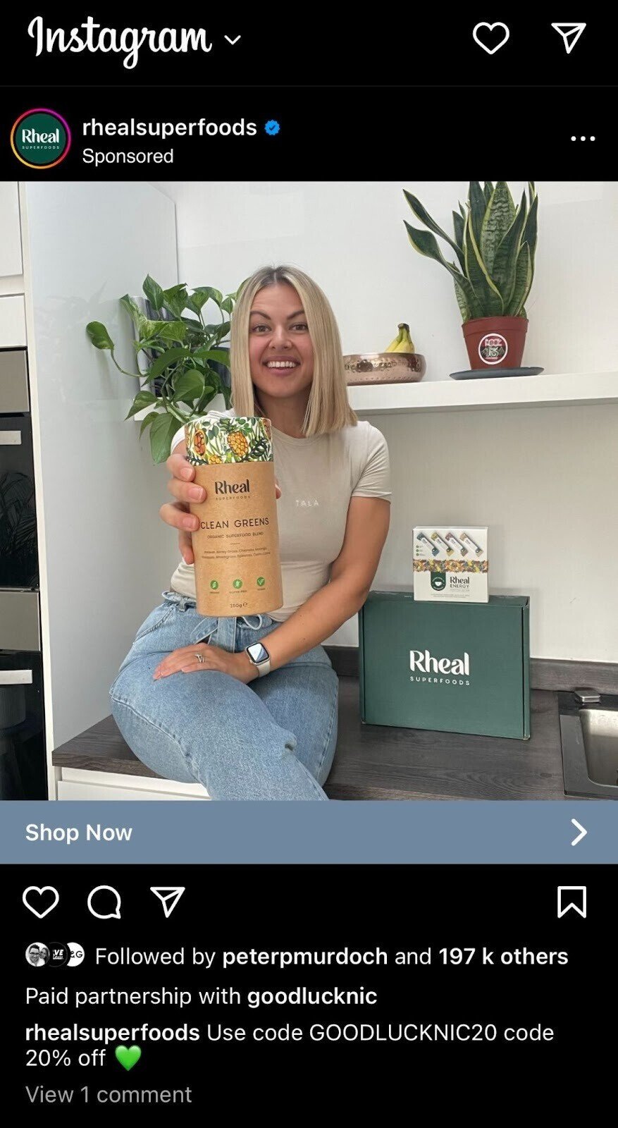 Rheal Superfoods&rsquo;s sponsored Instagram post with Nicole Robinson