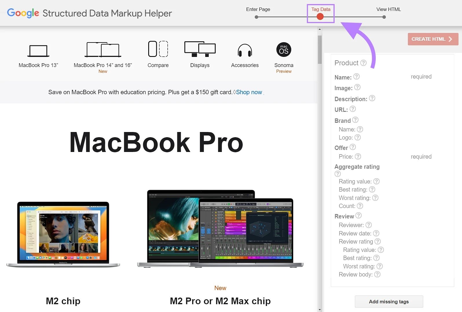 Google Structured Data Markup Helper tool showing the &ldquo;Tag Data&rdquo; view with the Apple Macbook Pro page as an example.