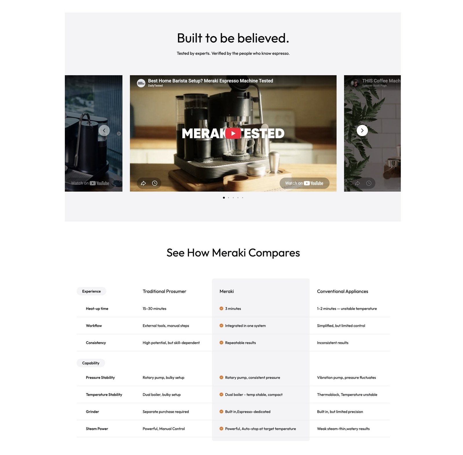 Videos and a comparison table on a landing page by Meraki.