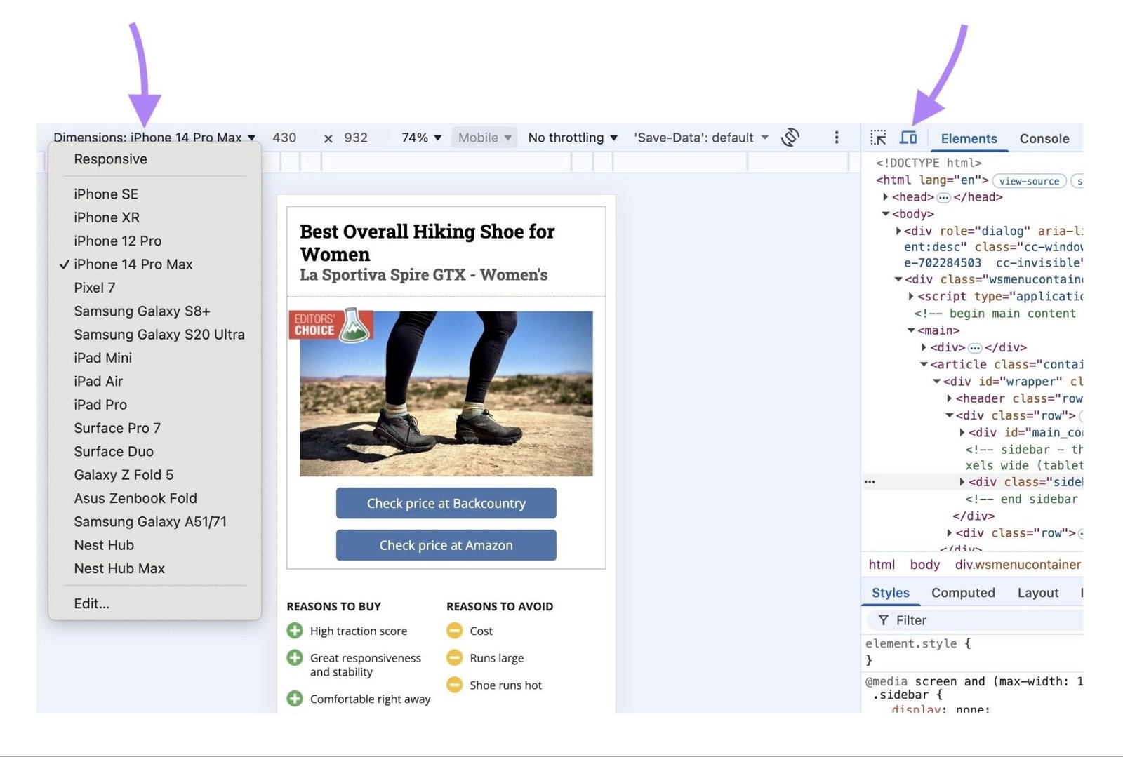 Chrome&rsquo;s Developer Tools with the options to adjust the device-view highlighted.